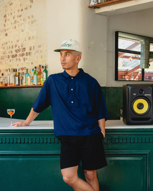 Linen Blend Button Polo Shirt - Dive Blue/Ivory