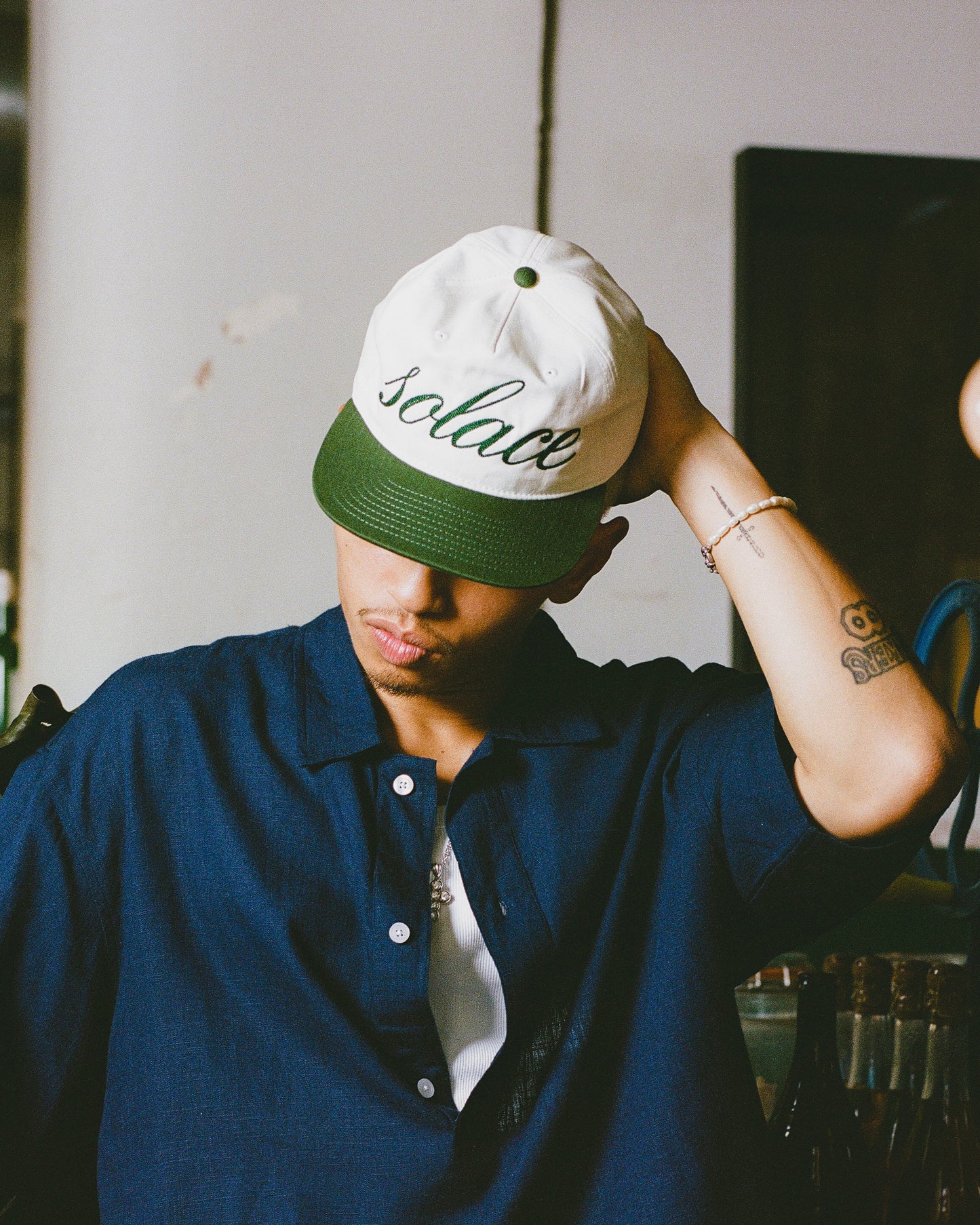Chainstitch Cursive 5 Panel Baseball Cap - Ivory/Forest Green