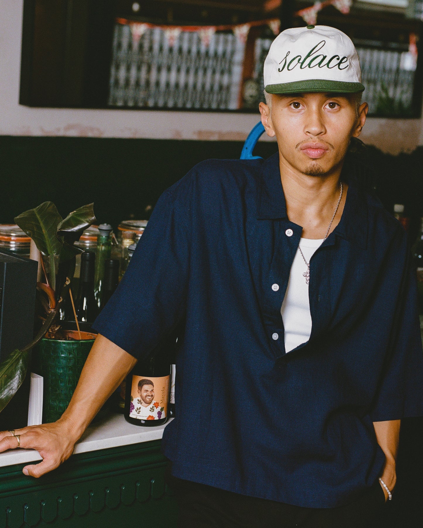 Chainstitch Cursive 5 Panel Baseball Cap - Ivory/Forest Green