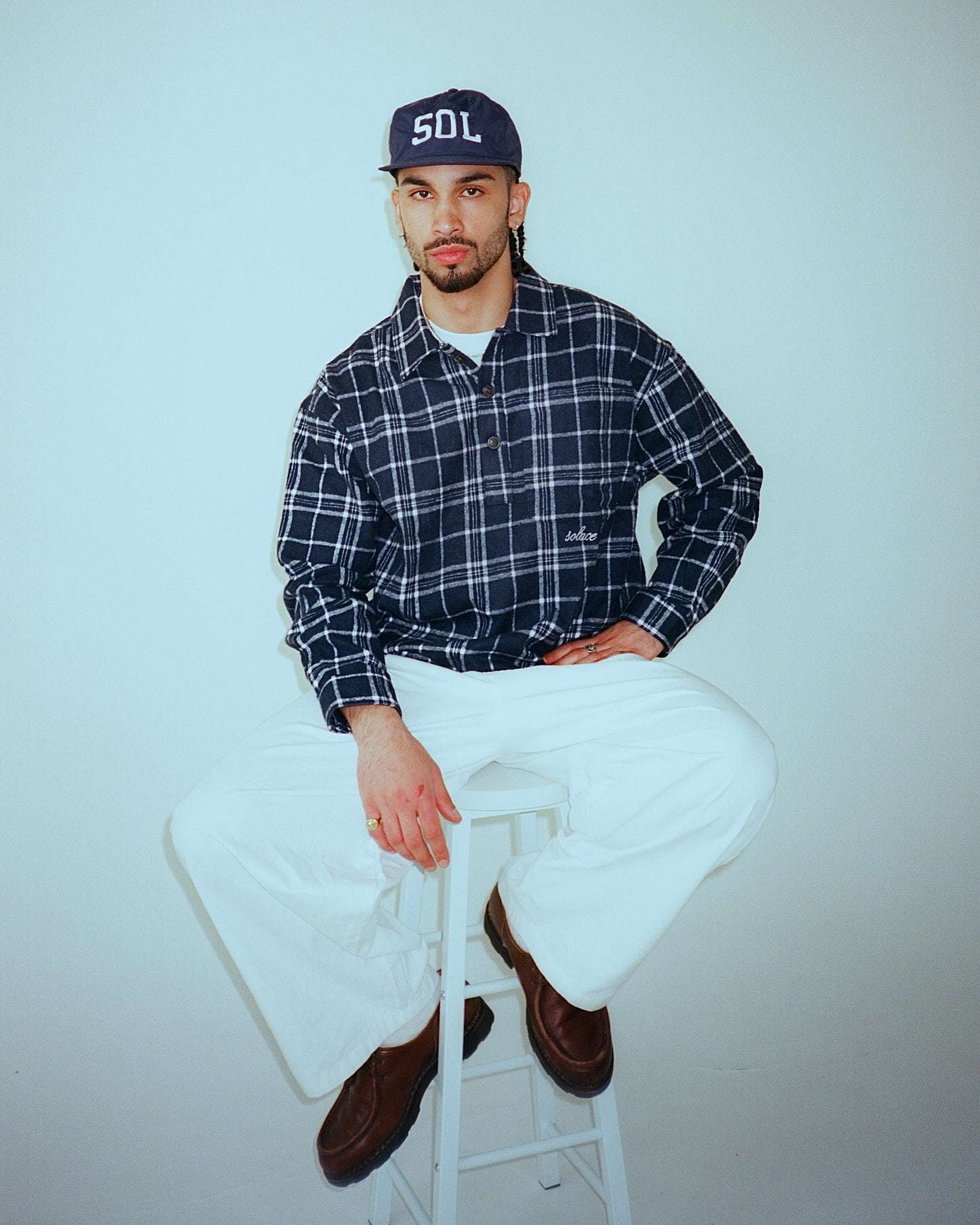 Oversized Boxy Check Flannel Polo Shirt - Midnight Navy/Ivory