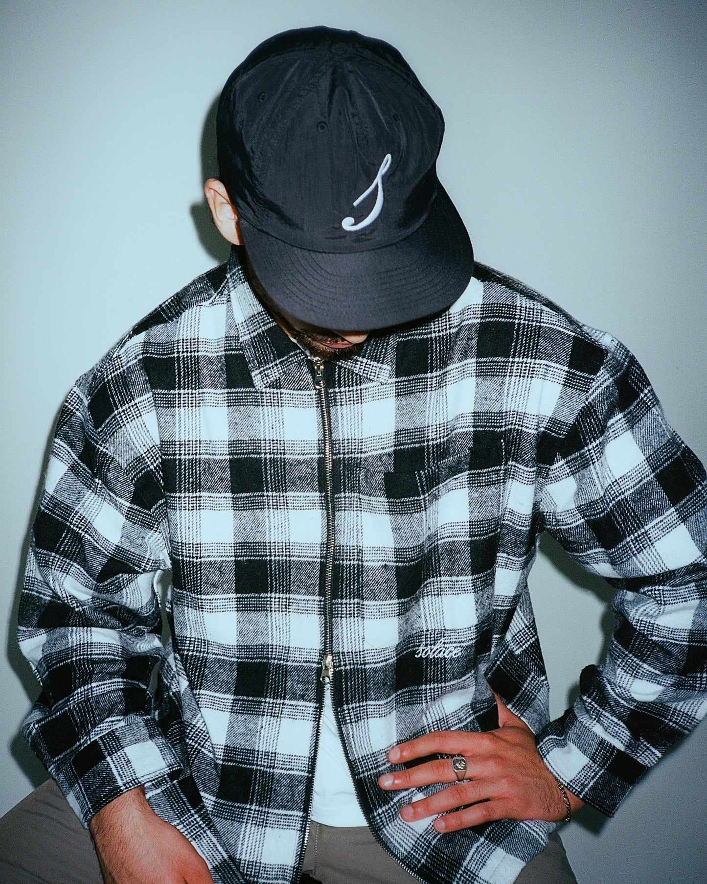 Oversized Boxy Check Flannel Zip Overshirt - Black/Ivory