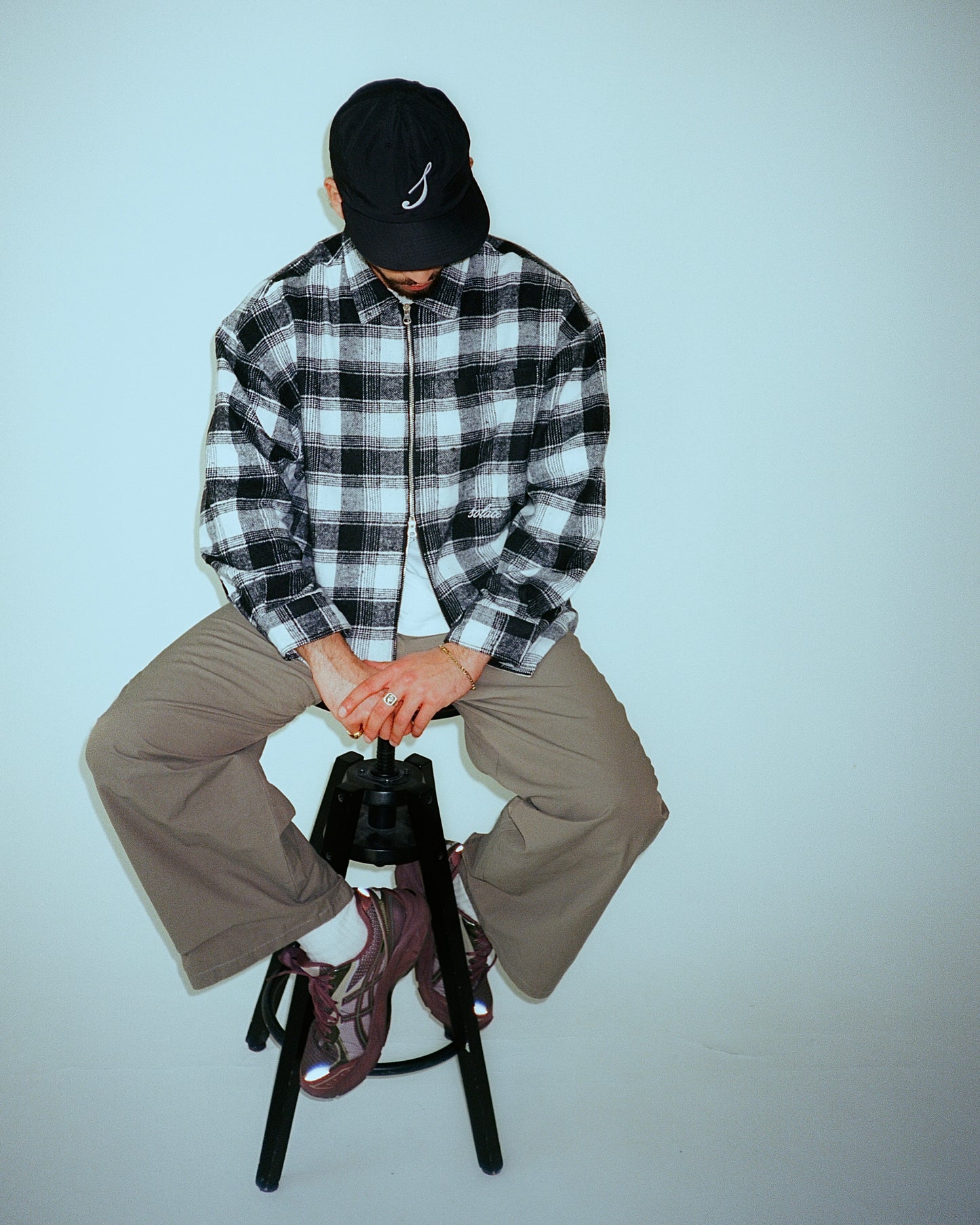 Oversized Boxy Check Flannel Zip Overshirt - Black/Ivory