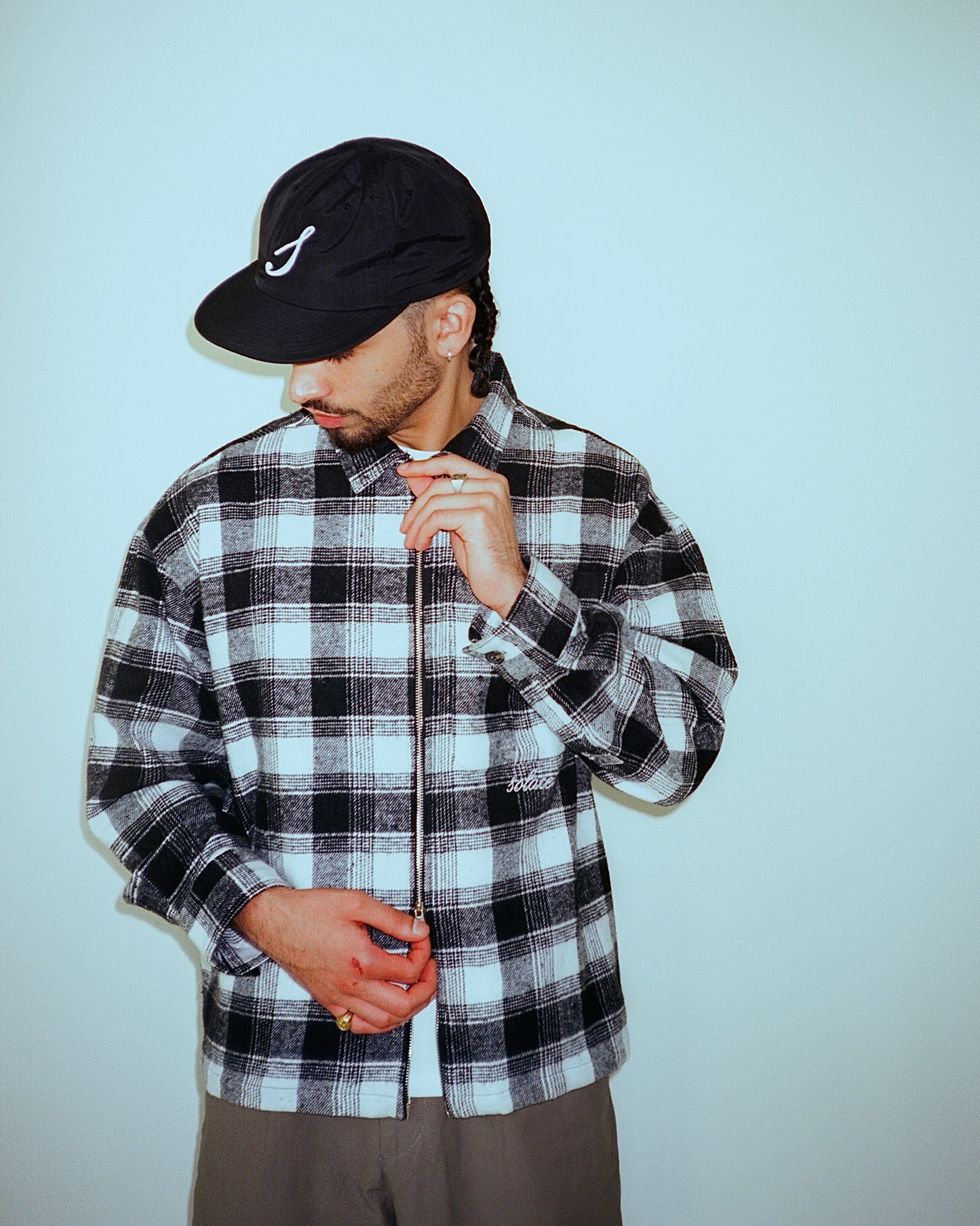 Oversized Boxy Check Flannel Zip Overshirt - Black/Ivory