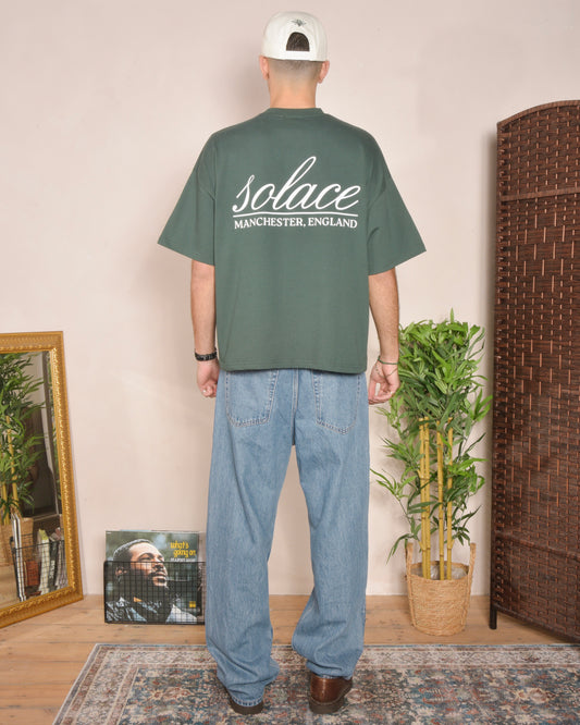 Oversized Boxy Signature Cursive T-Shirt - Forest Green/Ivory