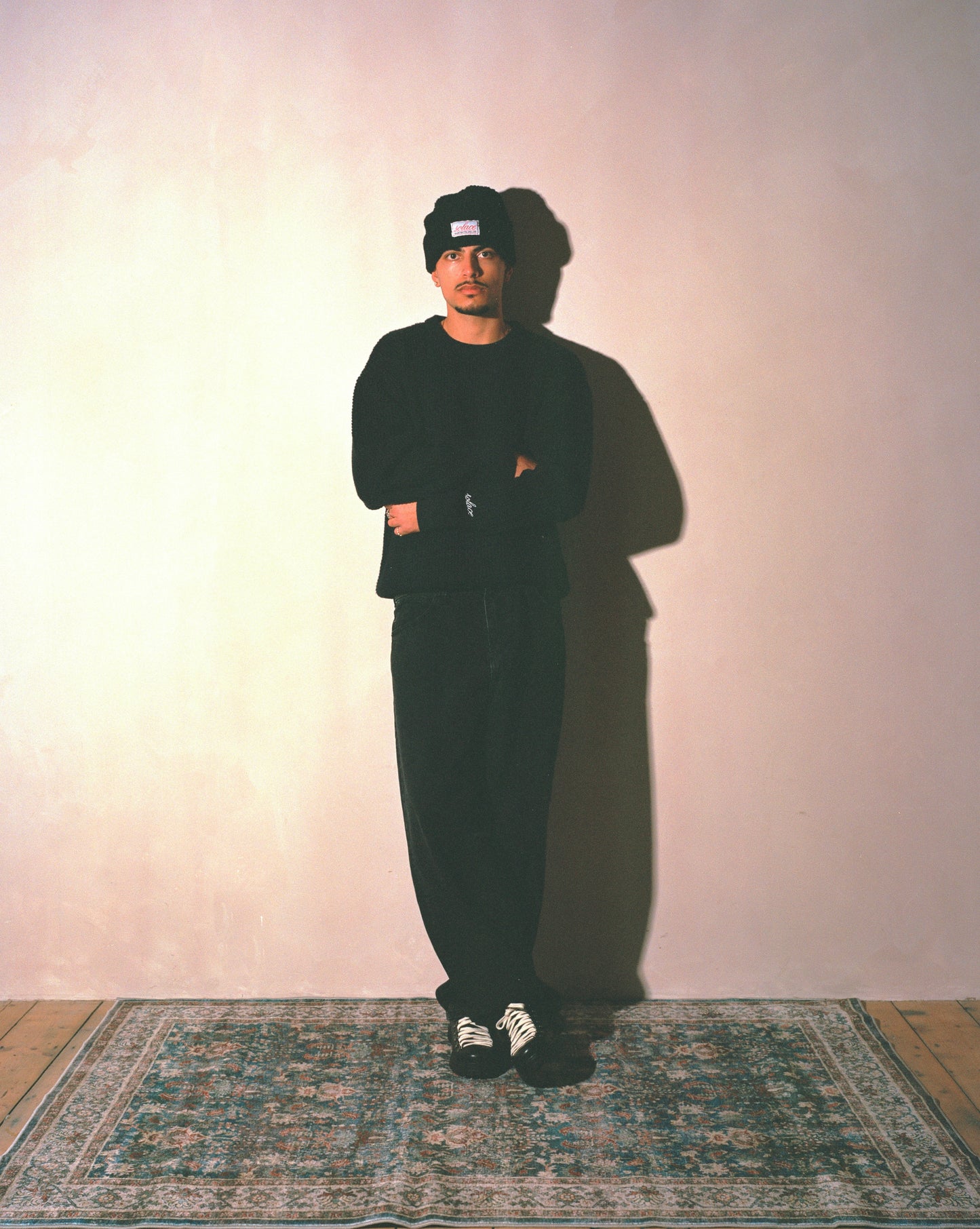 Oversized Boxy Waffle Knit Crew - Balsamic Black/Ivory