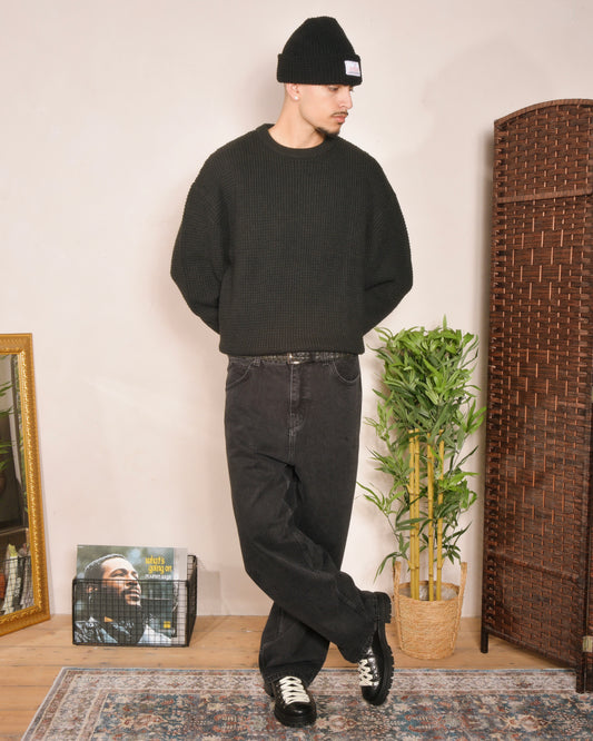 Oversized Boxy Waffle Knit Crew - Balsamic Black/Ivory