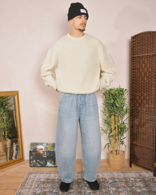 Oversized Boxy Waffle Knit Crew - Vanilla Cream/Balsamic Black