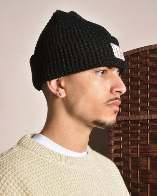 Waffle Knit Signature Cursive Beanie - Balsamic Black/Rose Red