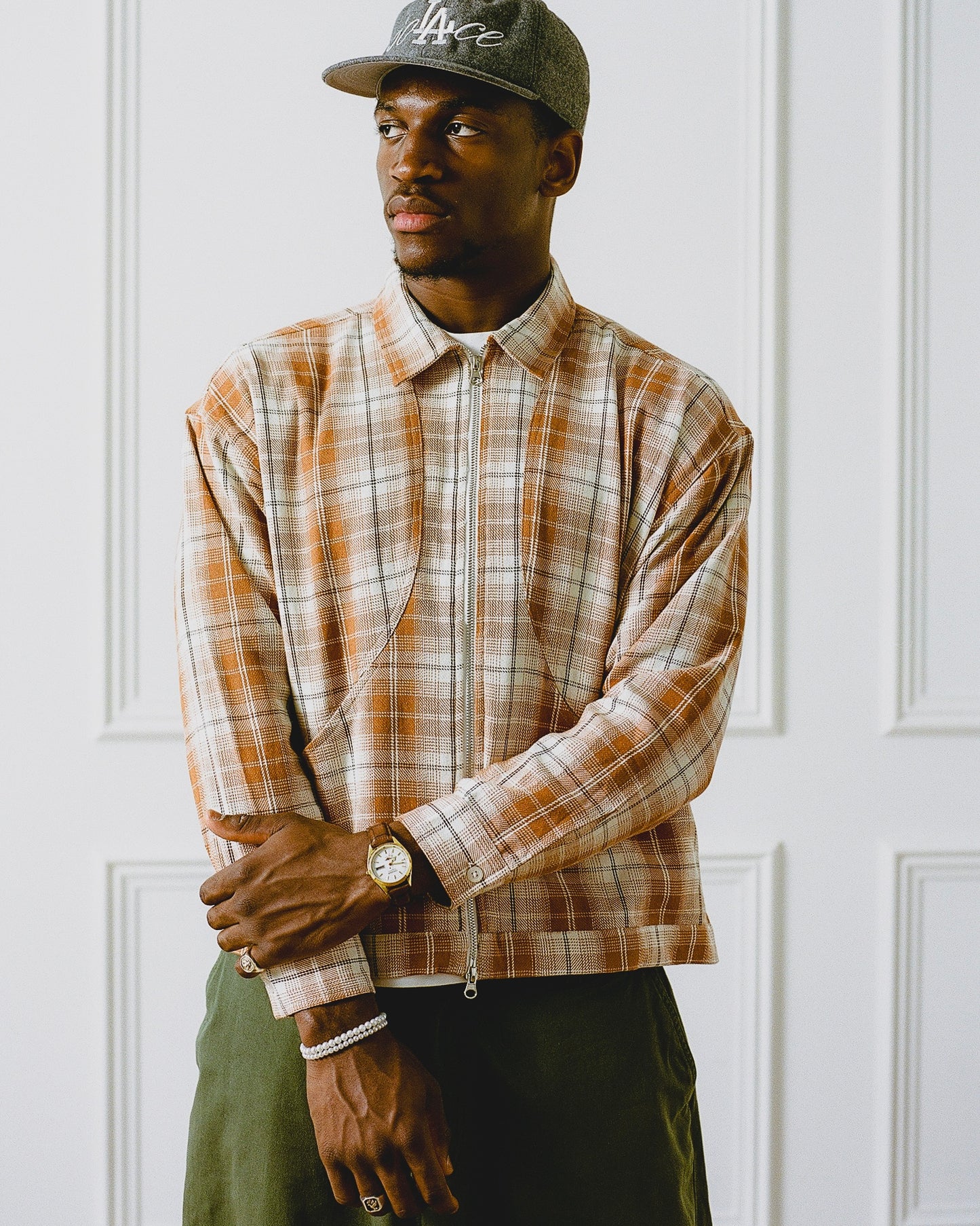 Check Curve Pocket Zip Jacket - Rust Orange/Ivory