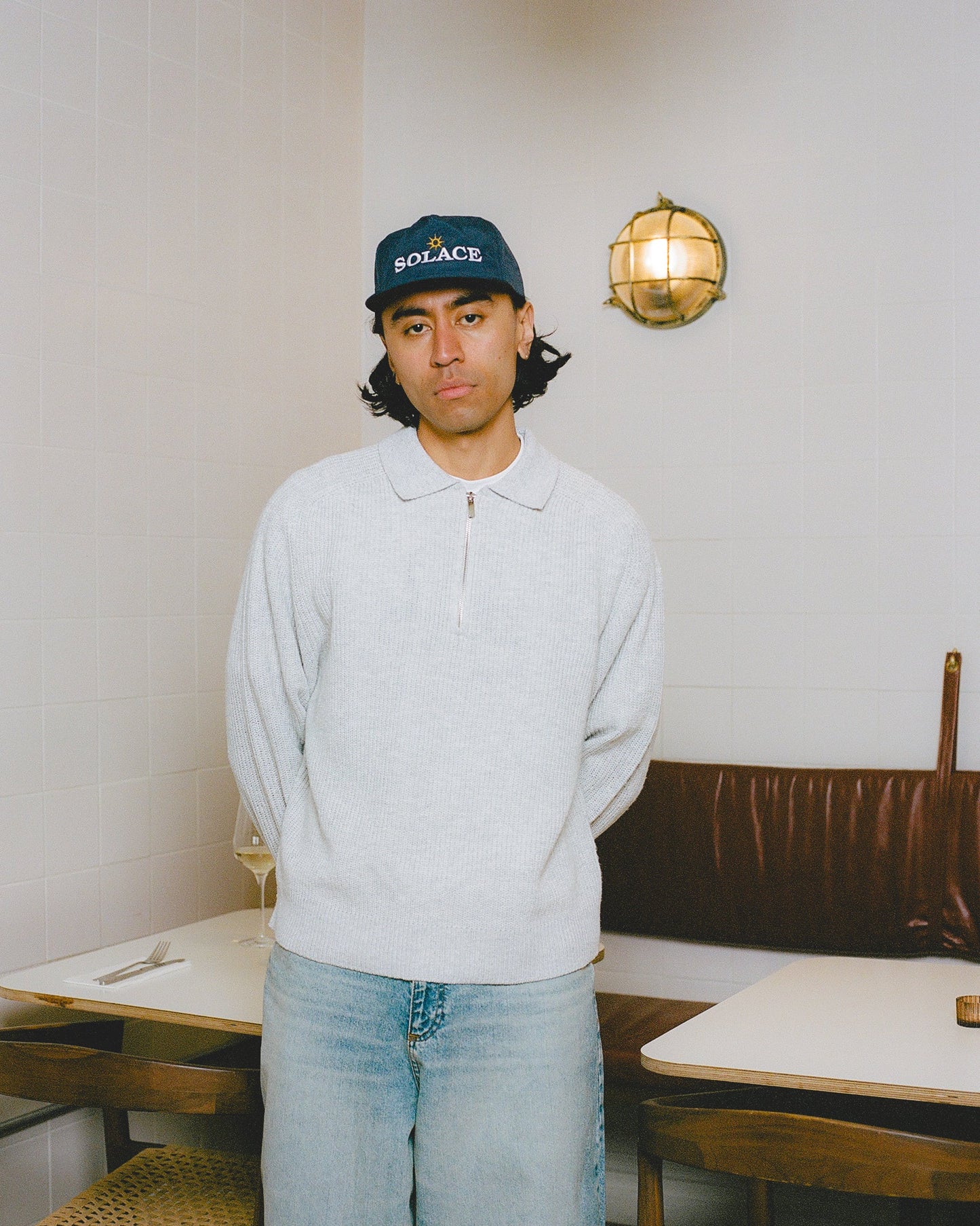 Half Zip Rib Knit Polo Jumper - Cloud Grey/Ivory