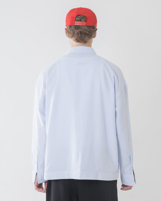 Striped Curve Pocket Zip Shirt - Sky Blue/Rose Red
