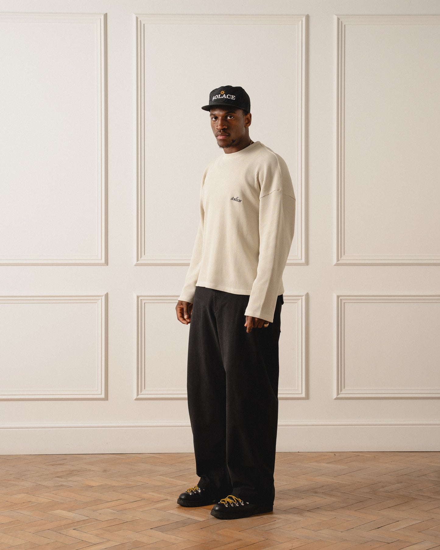 Chainstitch Logo Waffle Long Sleeve Tee - Vanilla Cream/Onyx Black