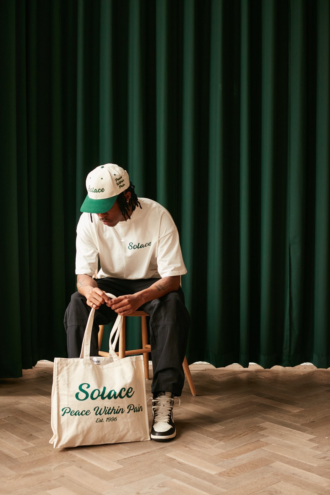 Peace Within Pain 6 Panel Baseball Cap - Ivory/Forest Green