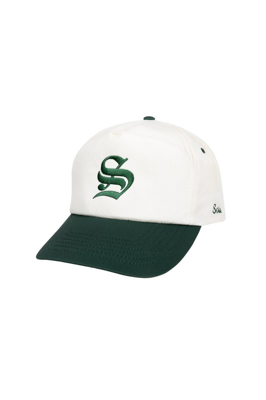 Old English 5 Panel Baseball Cap - Ivory/Forest Green