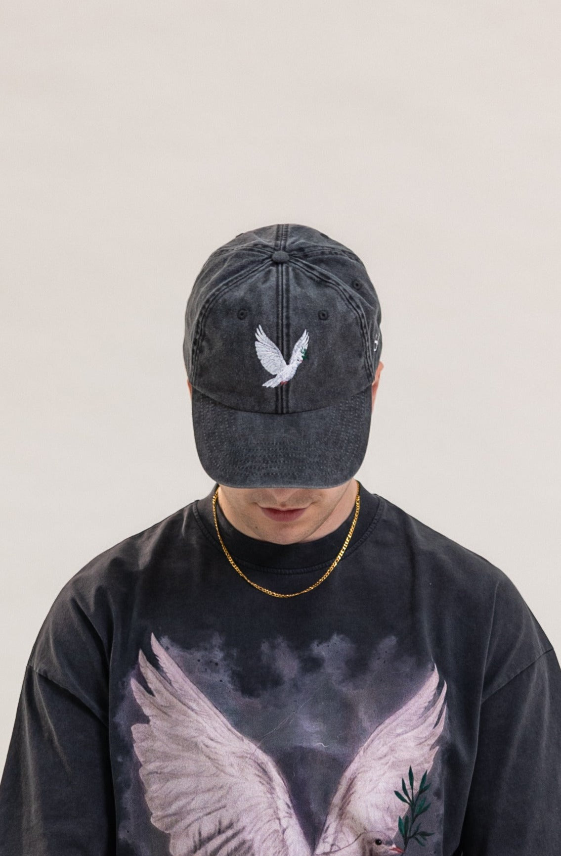 Peace Dove 6 Panel Baseball Cap - Washed Black/Ivory