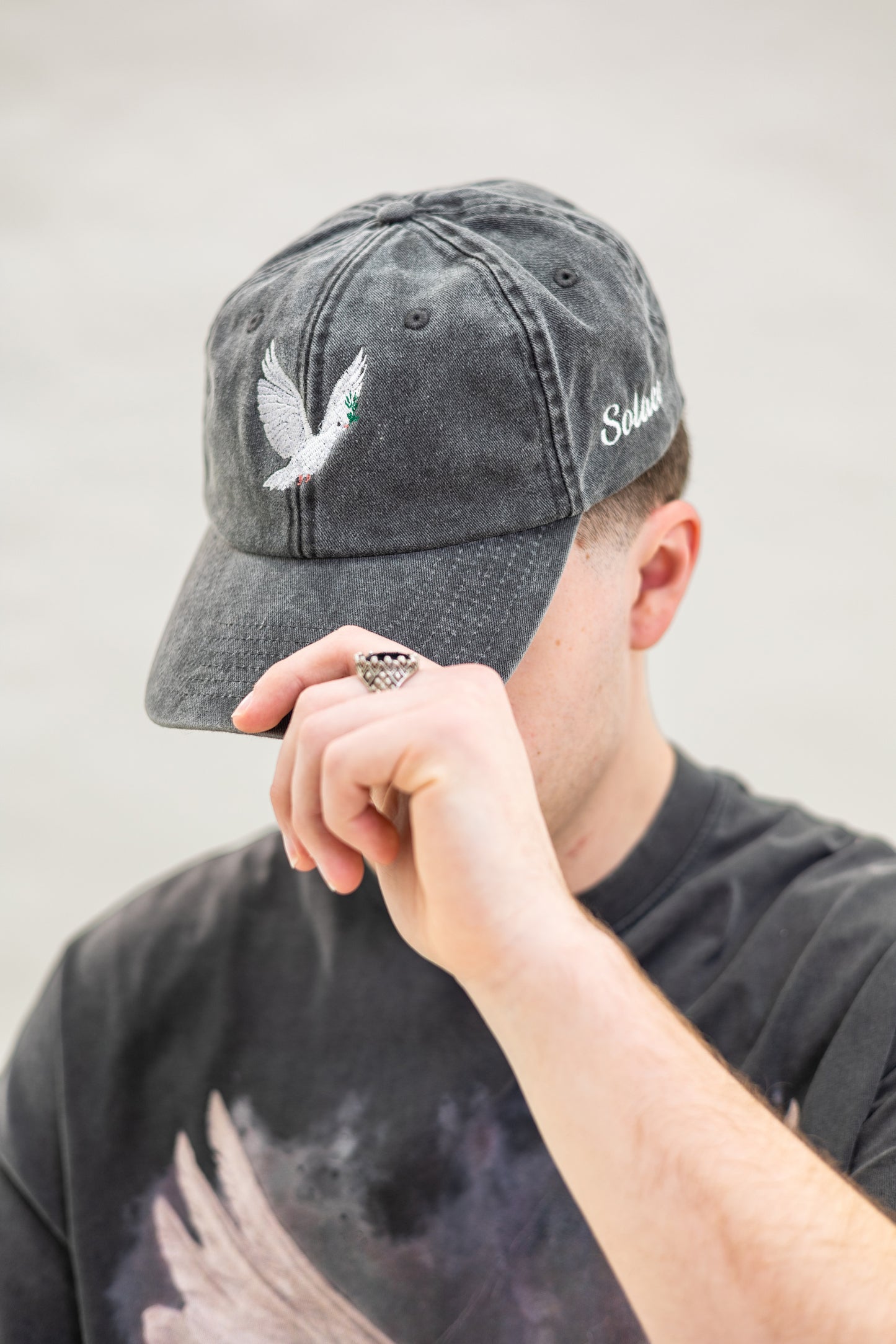 Peace Dove 6 Panel Baseball Cap - Washed Black/Ivory