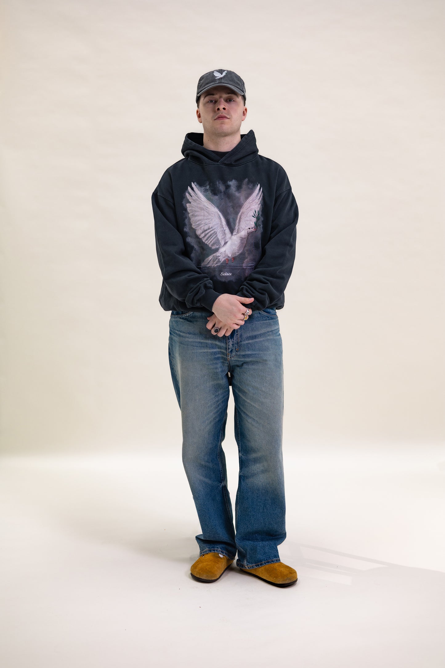 Heavyweight Oversized Boxy Peace Dove Hoodie - Washed Black/Ivory