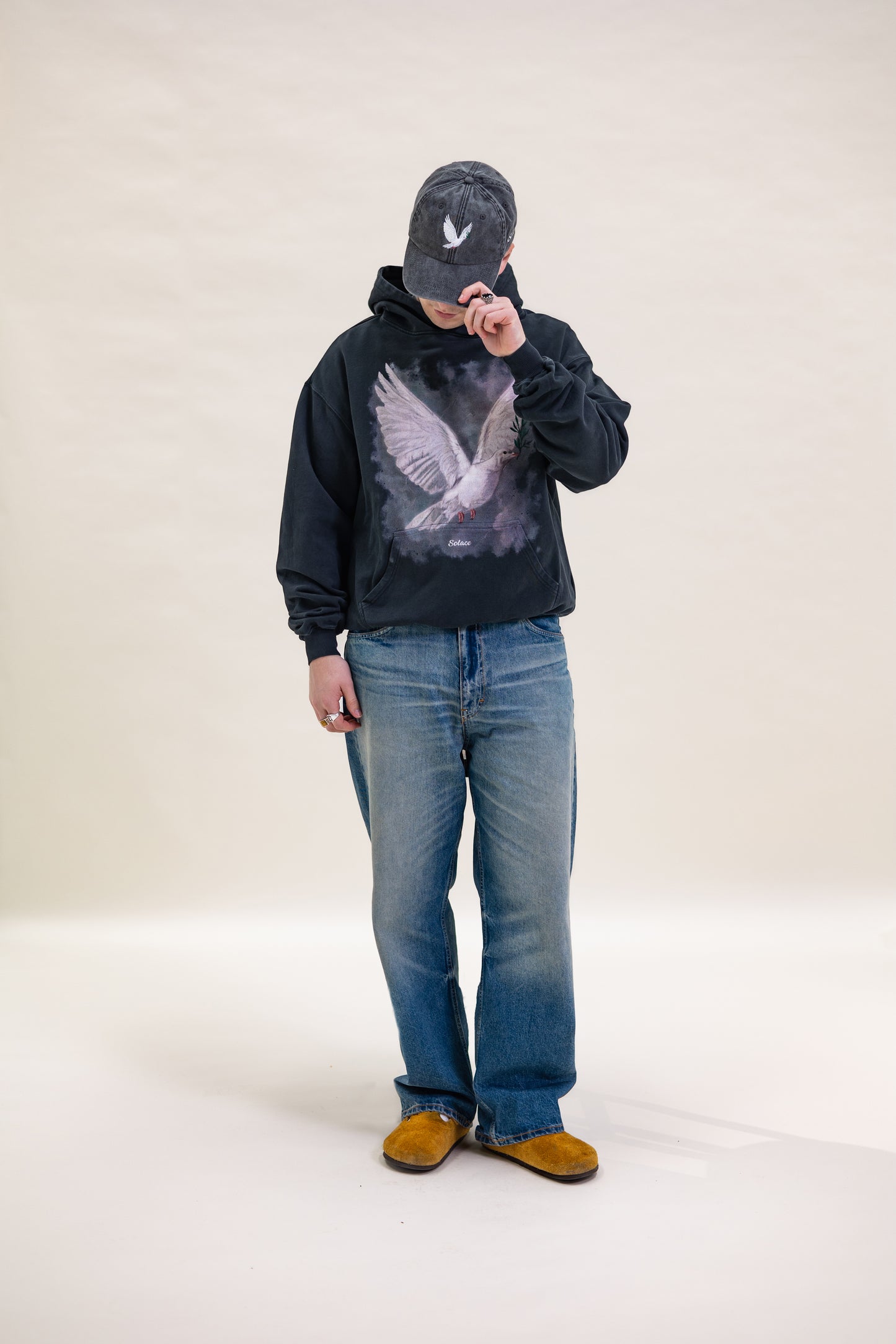 Heavyweight Oversized Boxy Peace Dove Hoodie - Washed Black/Ivory