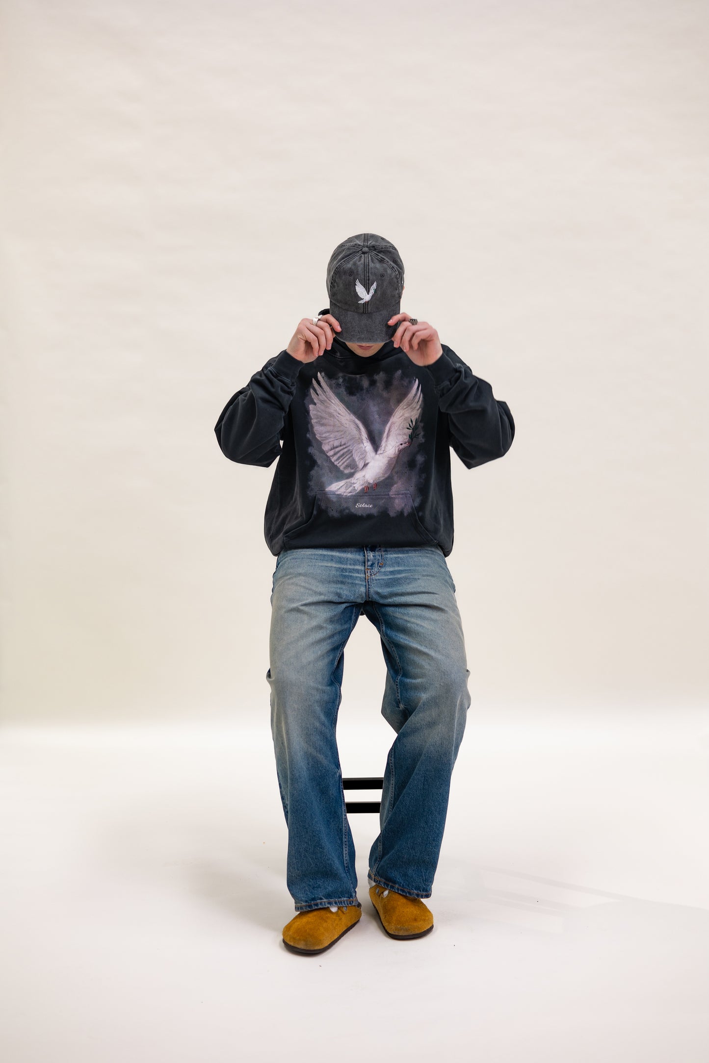 Heavyweight Oversized Boxy Peace Dove Hoodie - Washed Black/Ivory