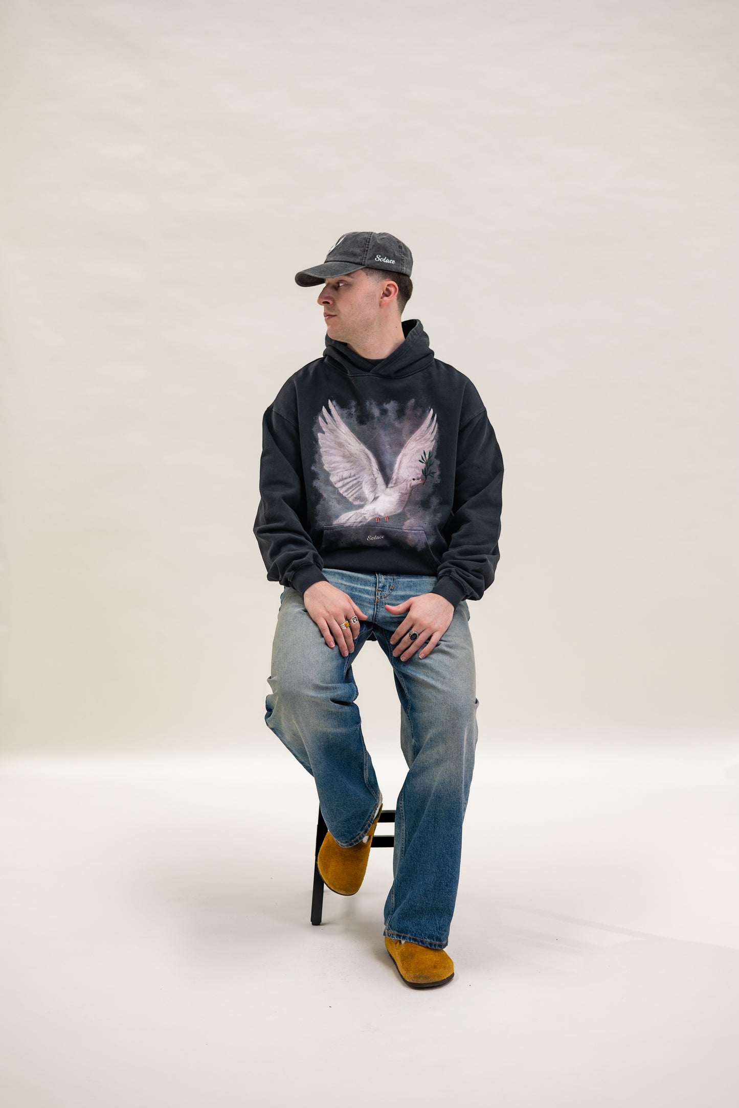 Heavyweight Oversized Boxy Peace Dove Hoodie - Washed Black/Ivory
