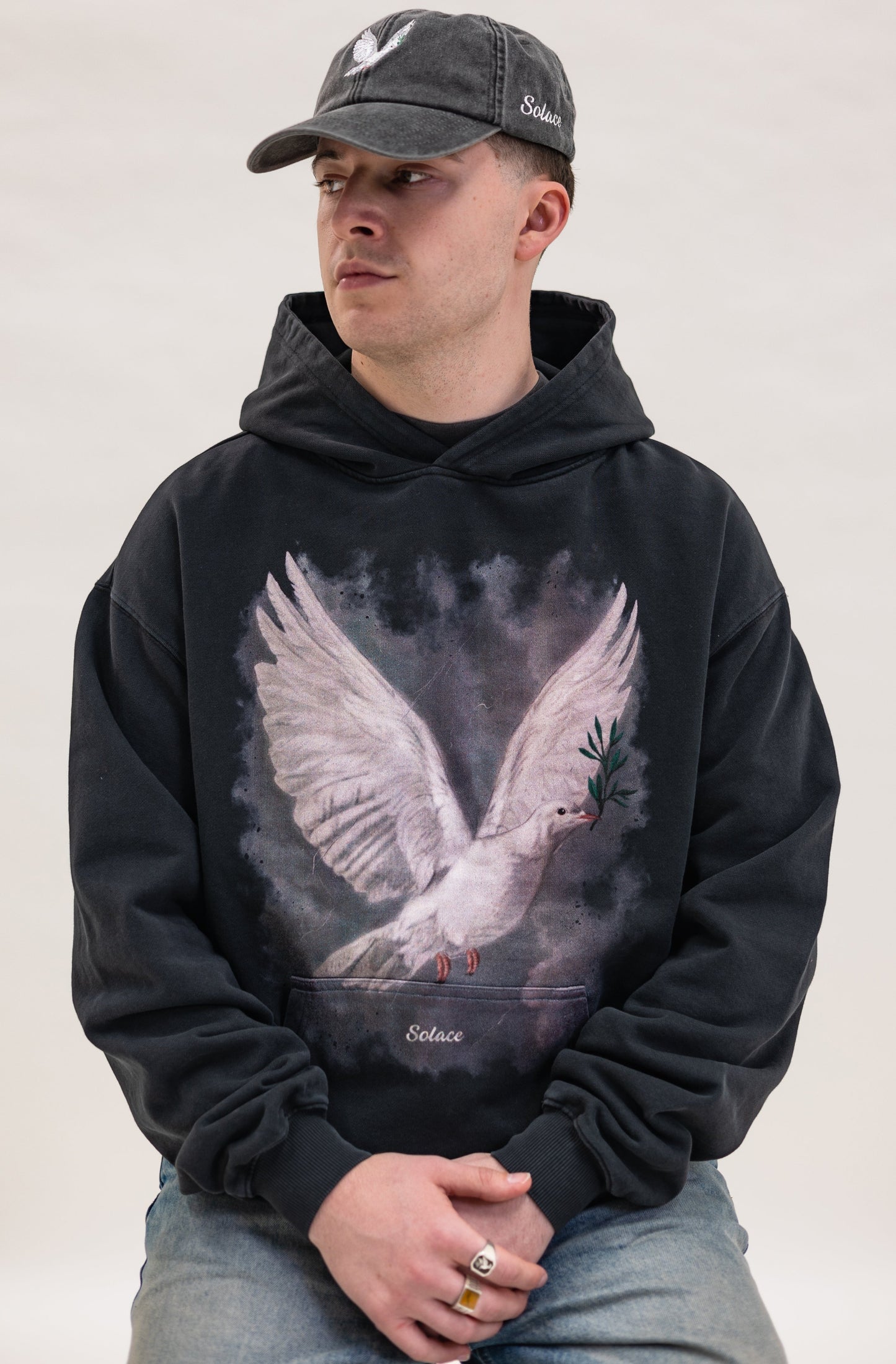 Heavyweight Oversized Boxy Peace Dove Hoodie - Washed Black/Ivory