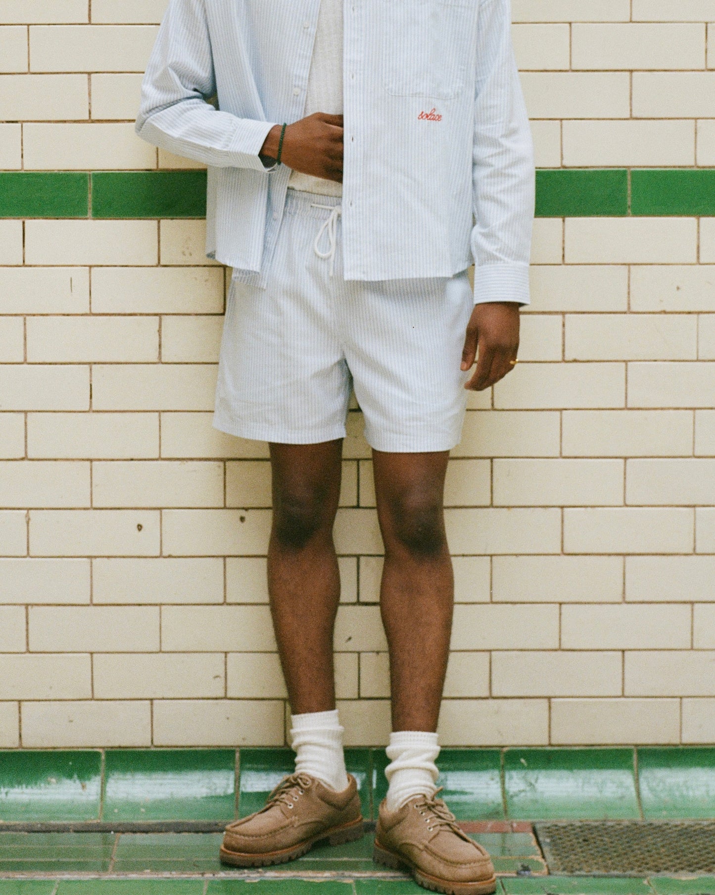Chainstitch Logo Striped Oxford Short - Sky Blue/Rose Red
