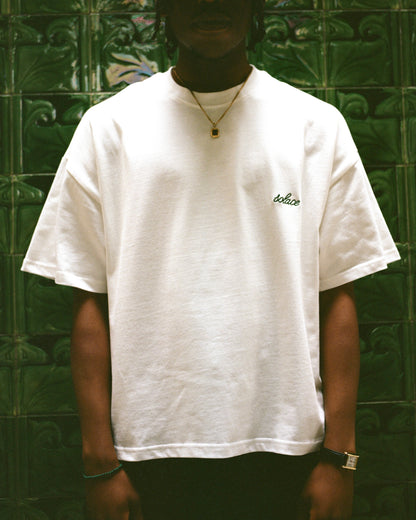 Oversized Boxy Chainstitch Logo T-Shirt - Ivory/Forest Green