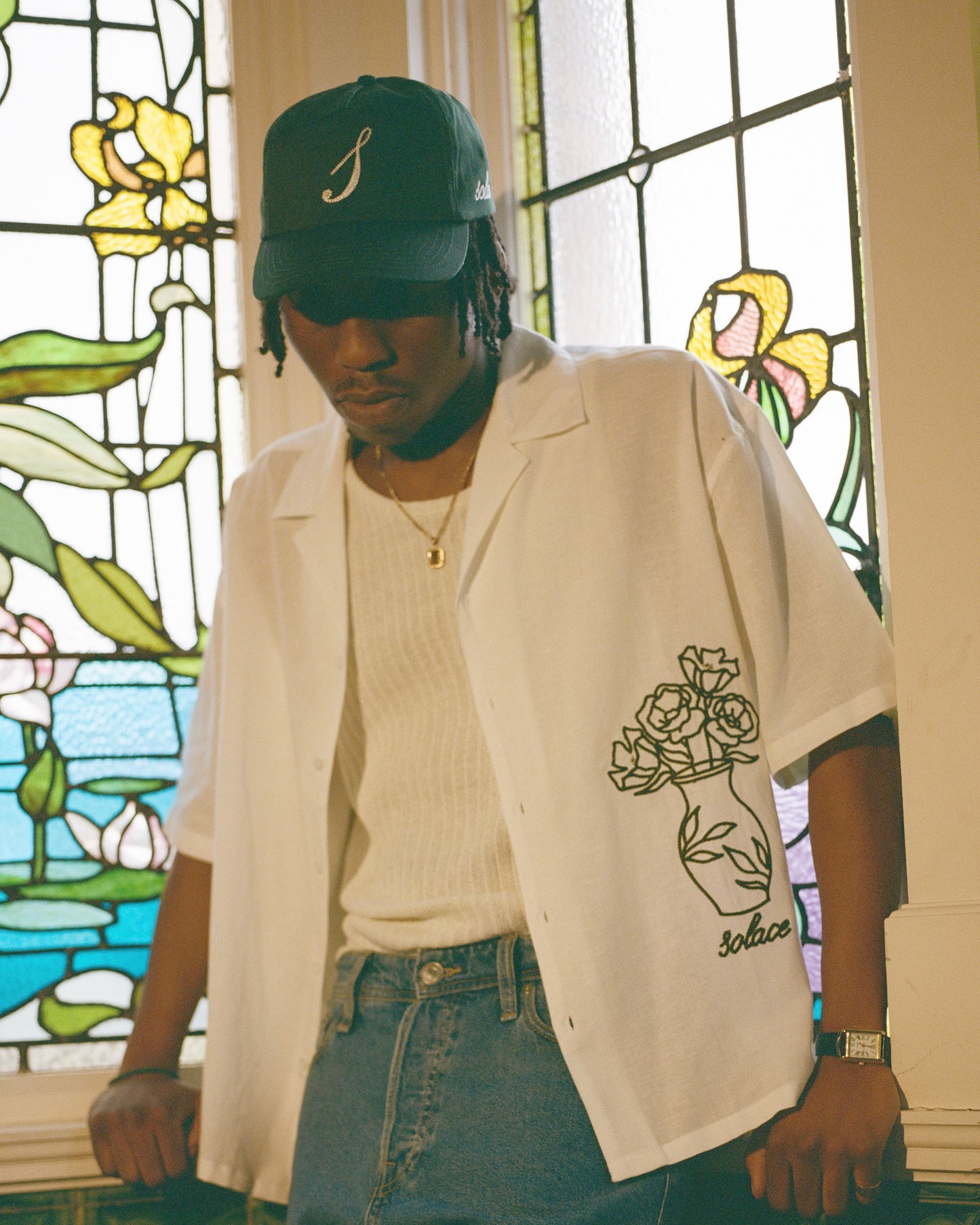Chainstitch Initial 5 Panel Baseball Cap - Forest Green/Ivory