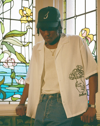 Oversized Boxy Chainstitch Vase Linen Revere Shirt - Ivory/Forest Green