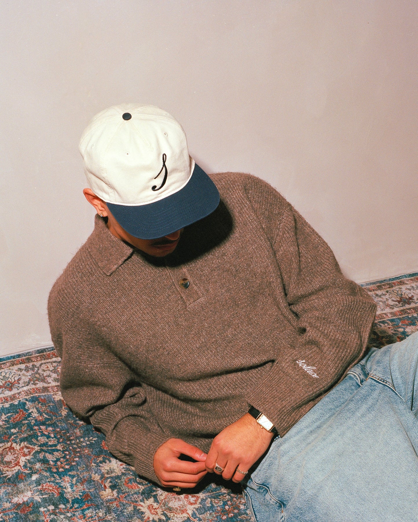 Cotton Initial 5 Panel Baseball Cap - Ivory/Midnight Navy