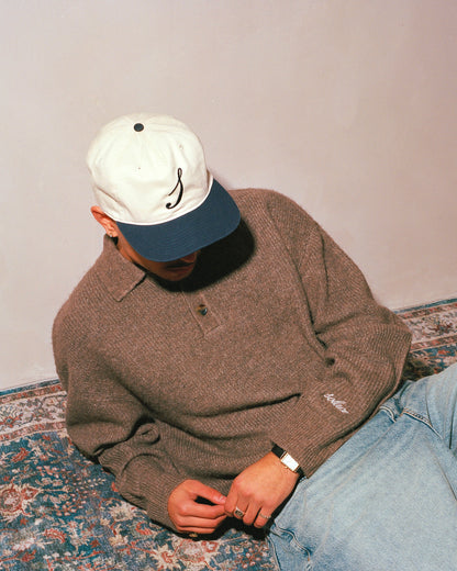 Cotton Initial 5 Panel Baseball Cap - Ivory/Midnight Navy
