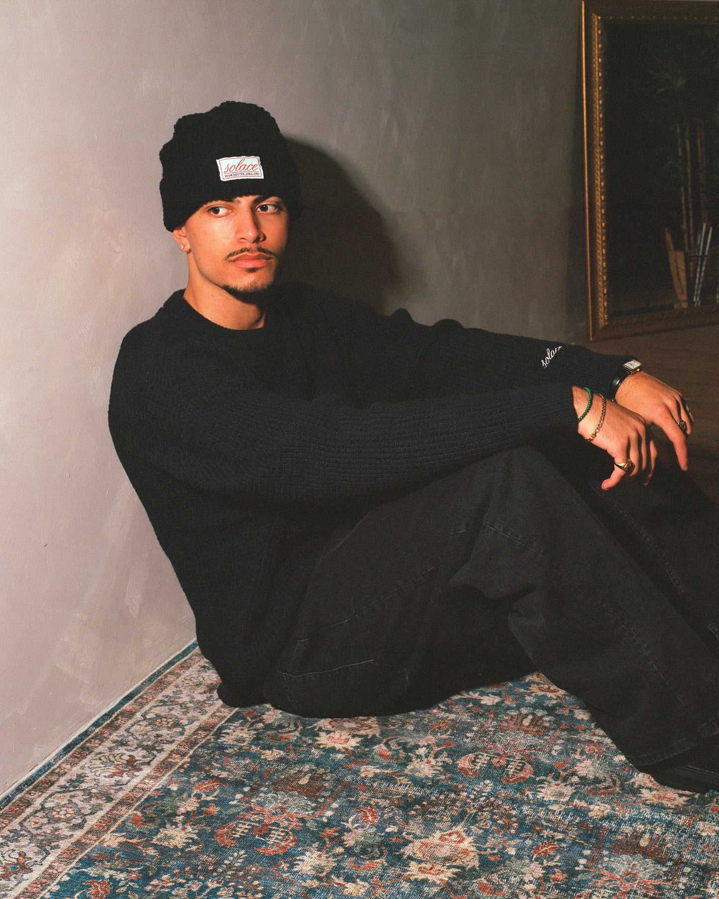 Oversized Boxy Waffle Knit Crew - Balsamic Black/Ivory