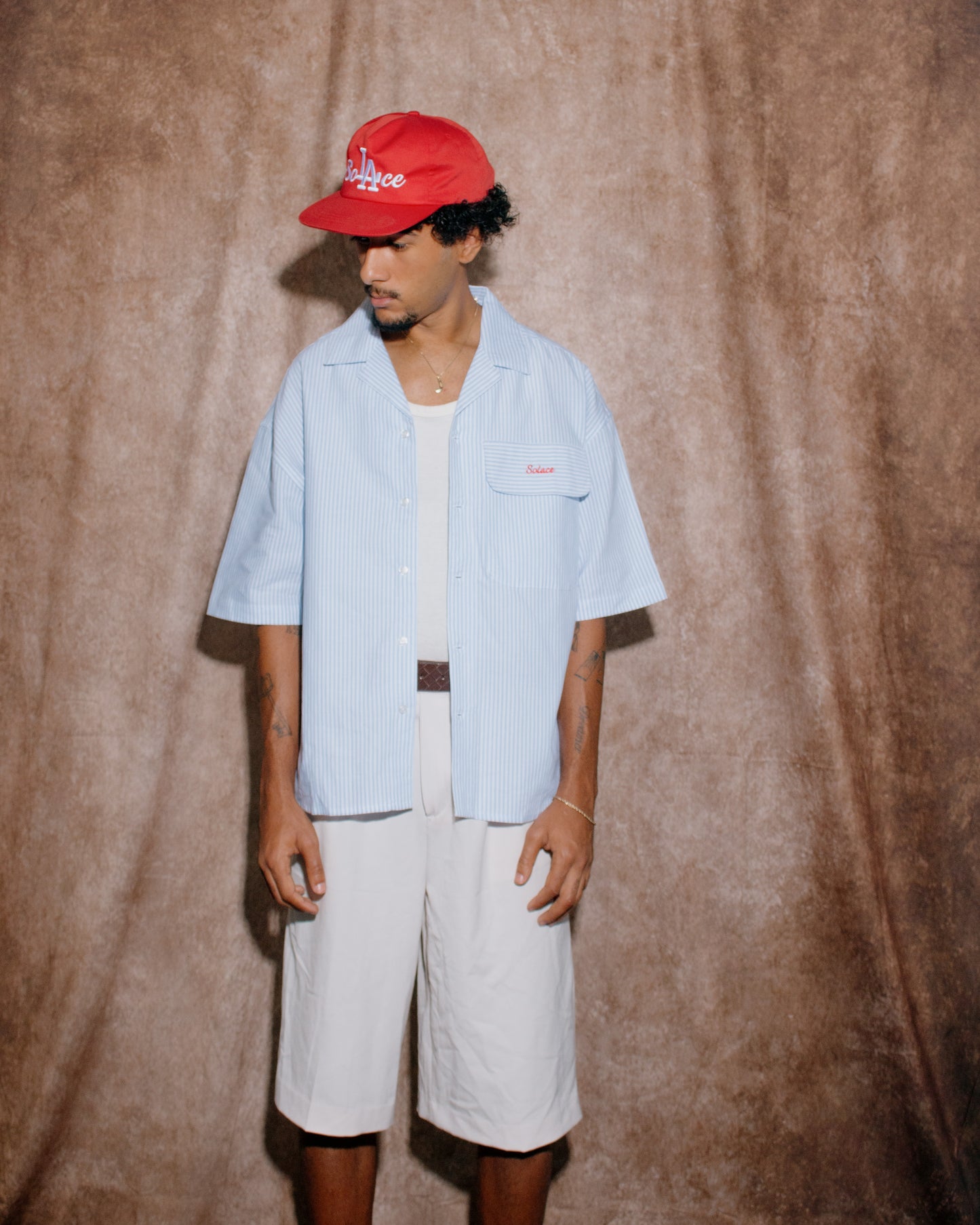 Oversized Boxy Striped Oxford Revere Shirt - Sky Blue/Rose Red