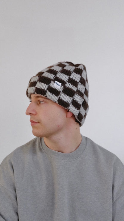 Chocolate Checkerboard Knitted Beanie - Chocolate Brown/Ivory