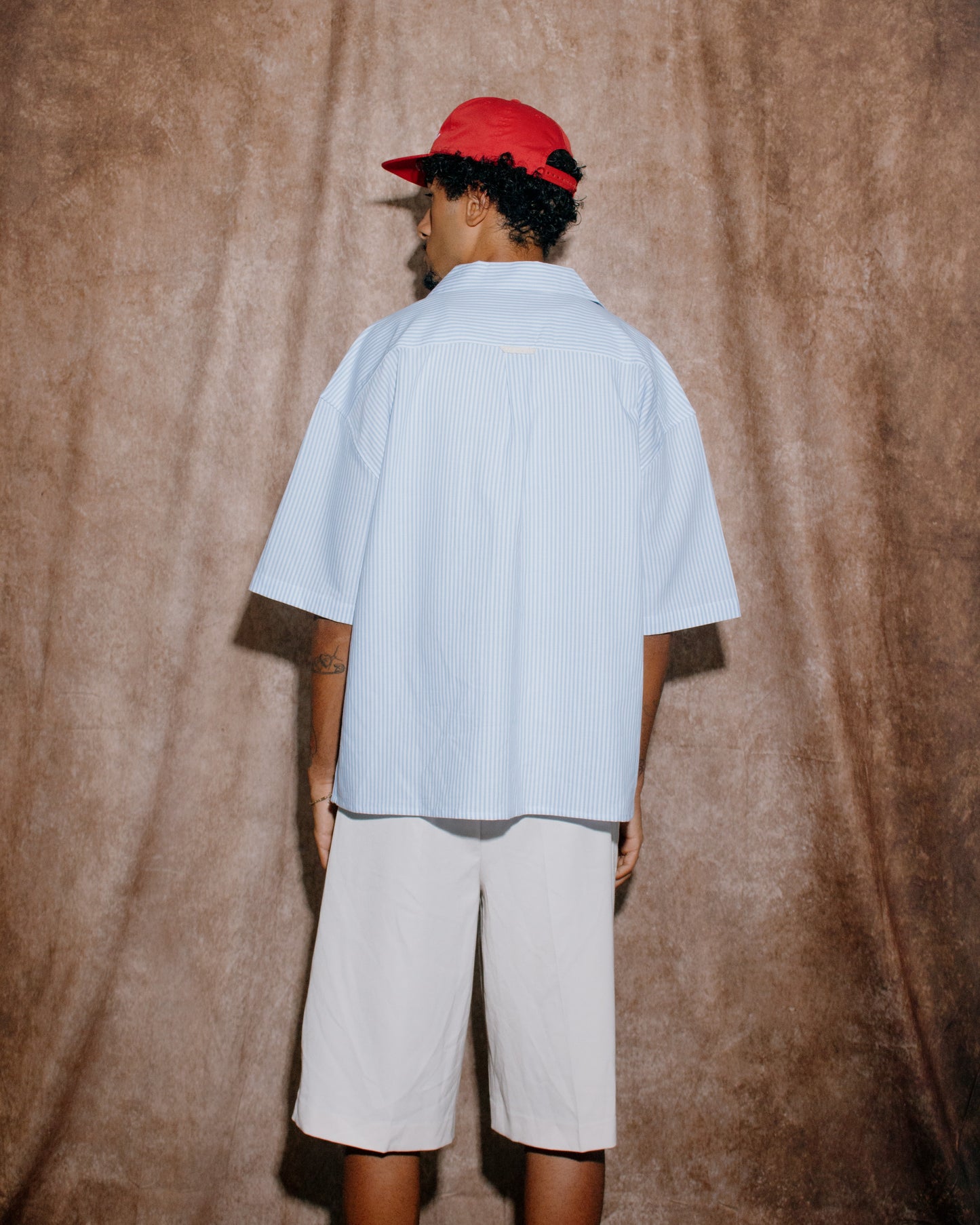 Oversized Boxy Striped Oxford Revere Shirt - Sky Blue/Rose Red