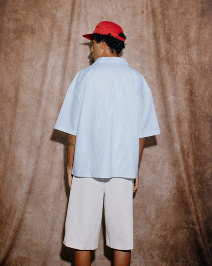 Oversized Boxy Striped Oxford Revere Shirt - Sky Blue/Rose Red