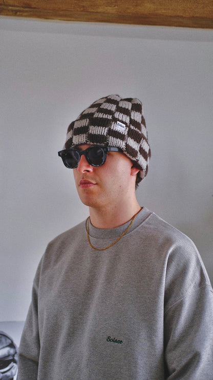Chocolate Checkerboard Knitted Beanie - Chocolate Brown/Ivory