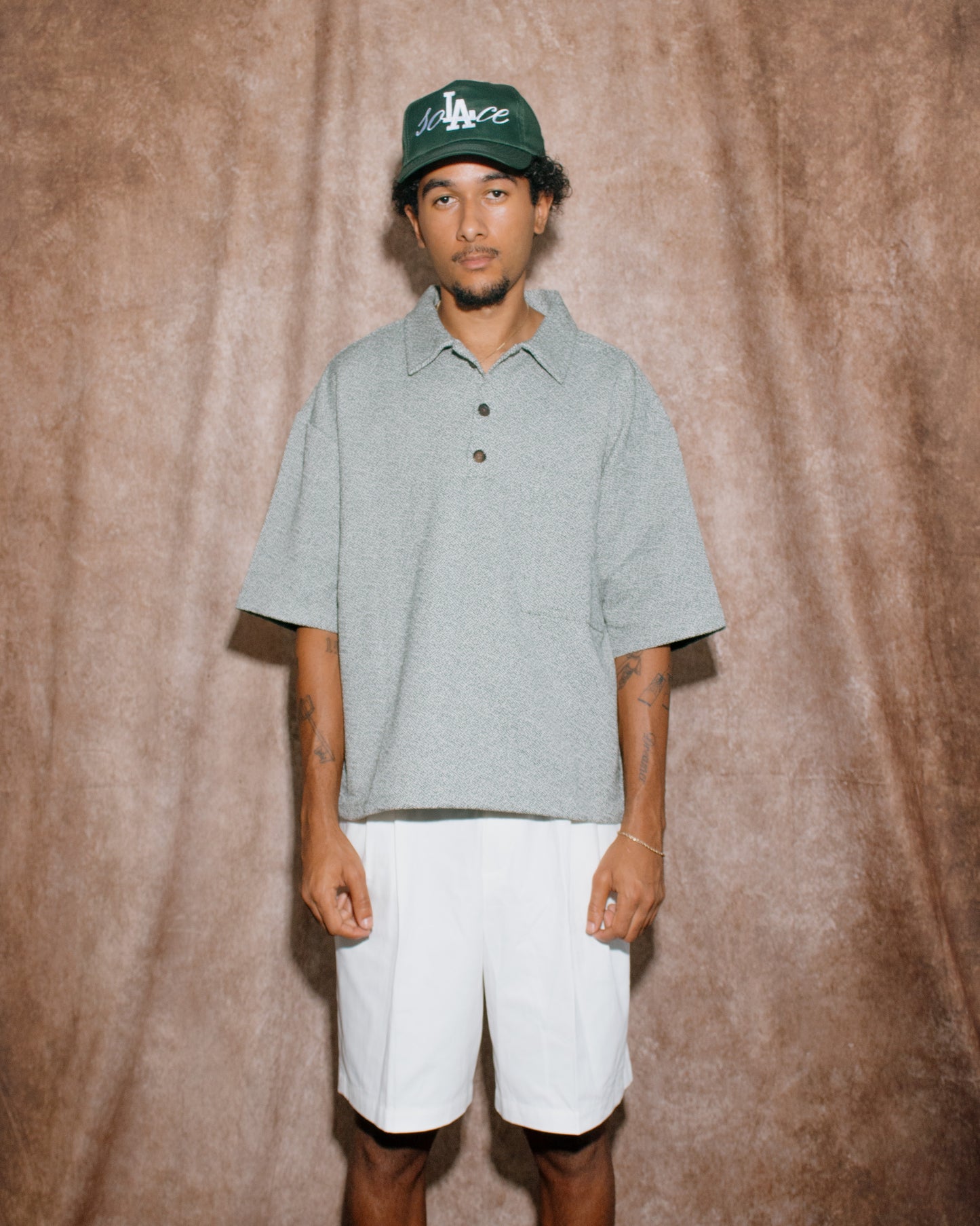 Oversized Boxy Static Boucle Polo Shirt - Ivory/Forest Green