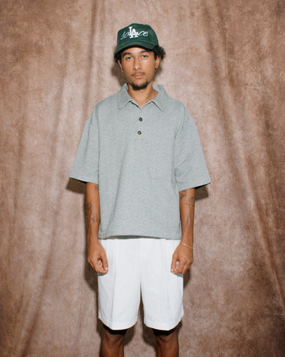 Oversized Boxy Static Boucle Polo Shirt - Ivory/Forest Green