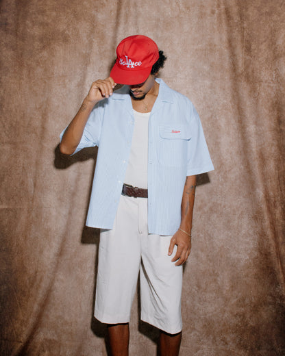 Oversized Boxy Striped Oxford Revere Shirt - Sky Blue/Rose Red