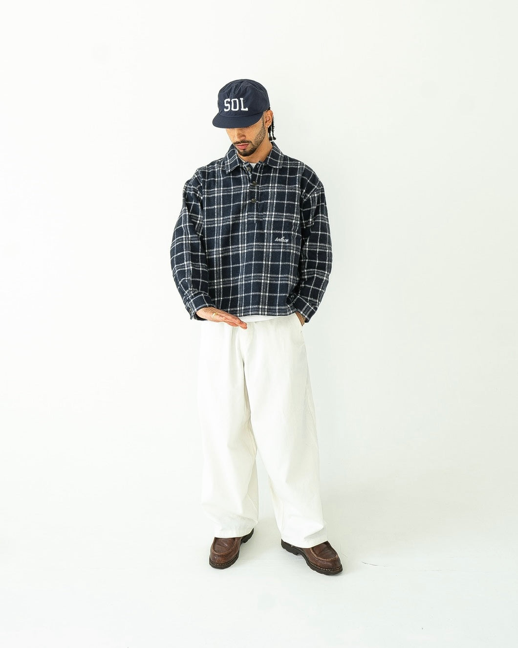 Oversized Boxy Check Flannel Polo Shirt - Midnight Navy/Ivory