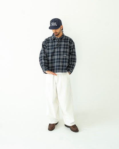 Oversized Boxy Check Flannel Polo Shirt - Midnight Navy/Ivory