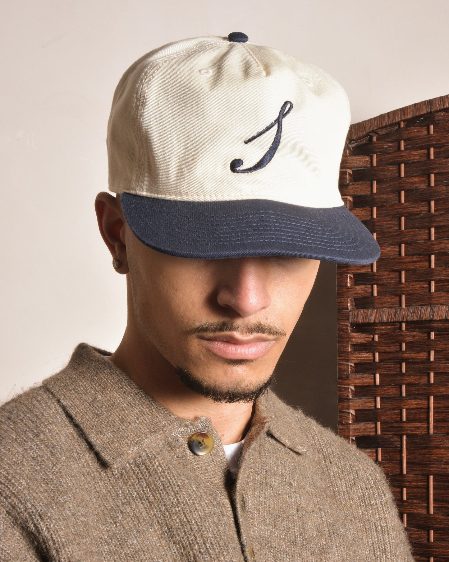Cotton Initial 5 Panel Baseball Cap - Ivory/Midnight Navy