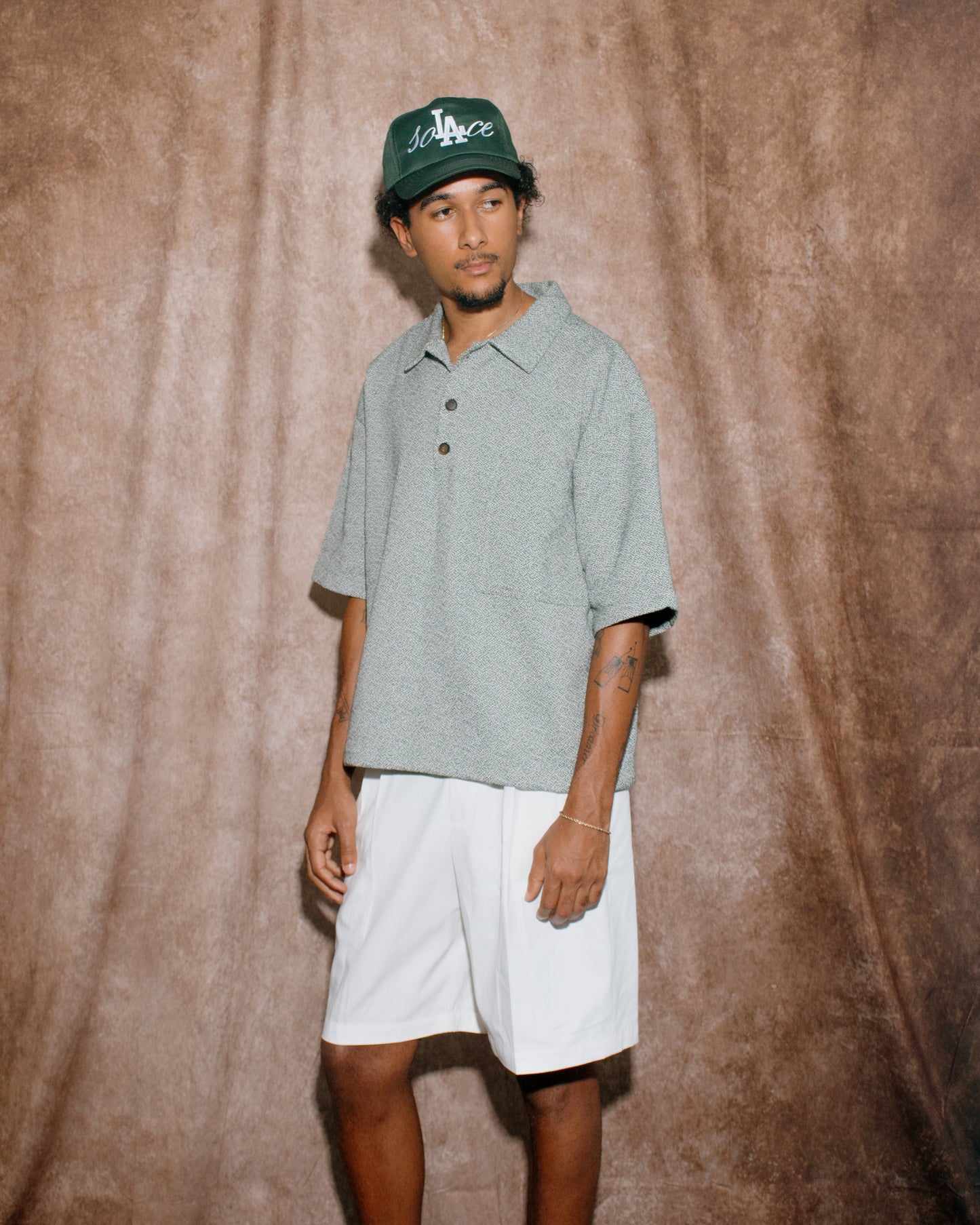Oversized Boxy Static Boucle Polo Shirt - Ivory/Forest Green