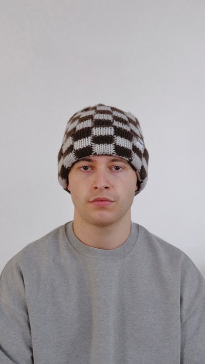 Chocolate Checkerboard Knitted Beanie - Chocolate Brown/Ivory