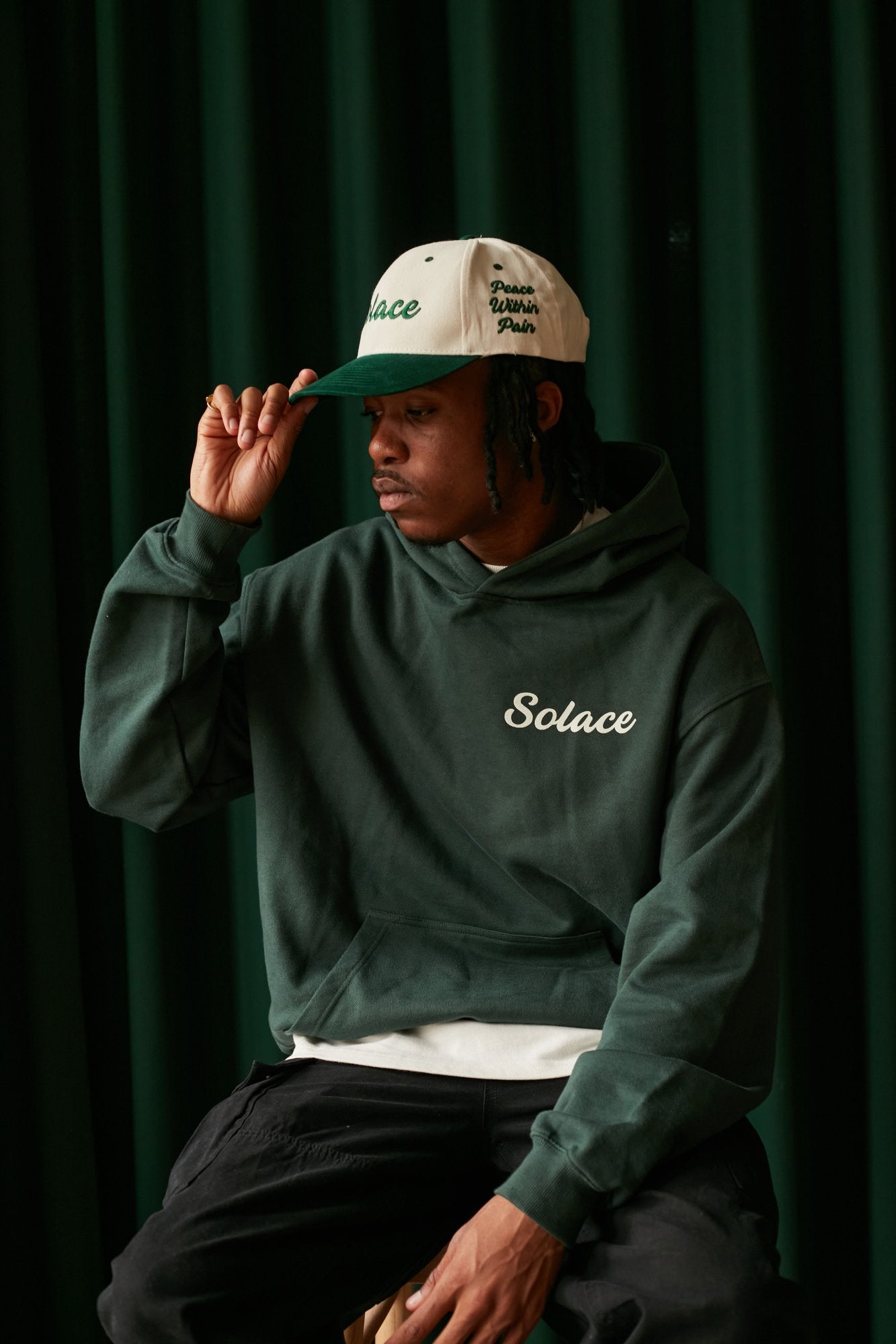 Peace Within Pain 6 Panel Baseball Cap - Ivory/Forest Green