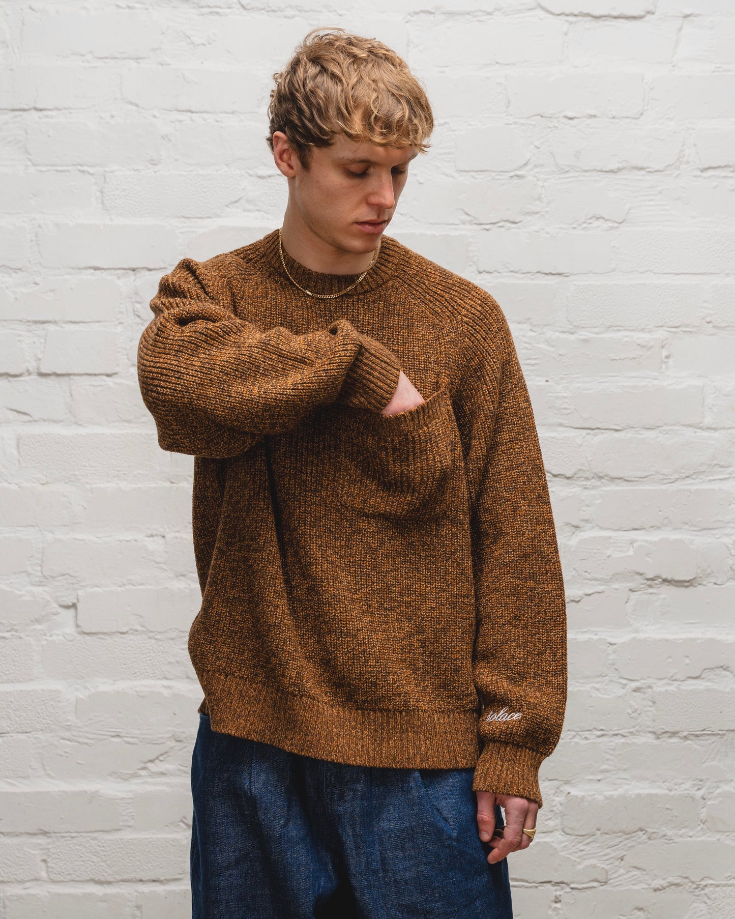 Saddle Sleeve Rib Knit Crew Jumper - Tobacco Twist/Ivory