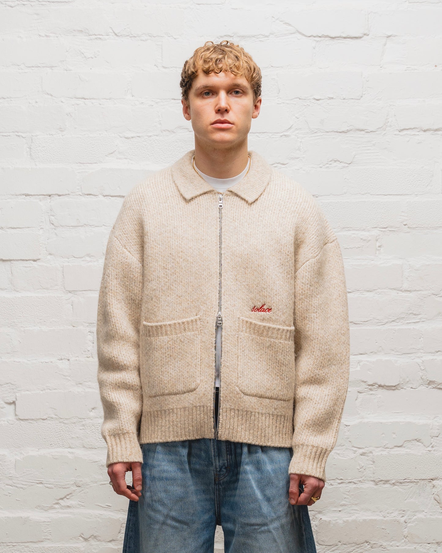 Zip Through Collared Knit Cardigan - Toasted Oatmeal/Rose Red