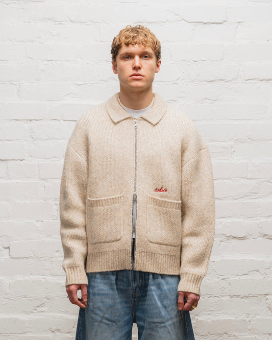 Zip Through Collared Knit Cardigan - Toasted Oatmeal/Rose Red