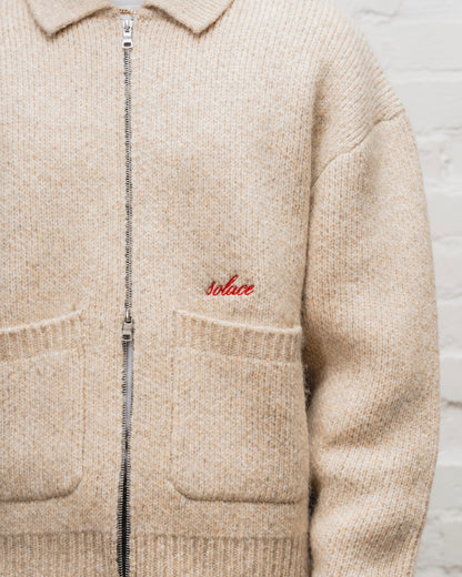 Zip Through Collared Knit Cardigan - Toasted Oatmeal/Rose Red
